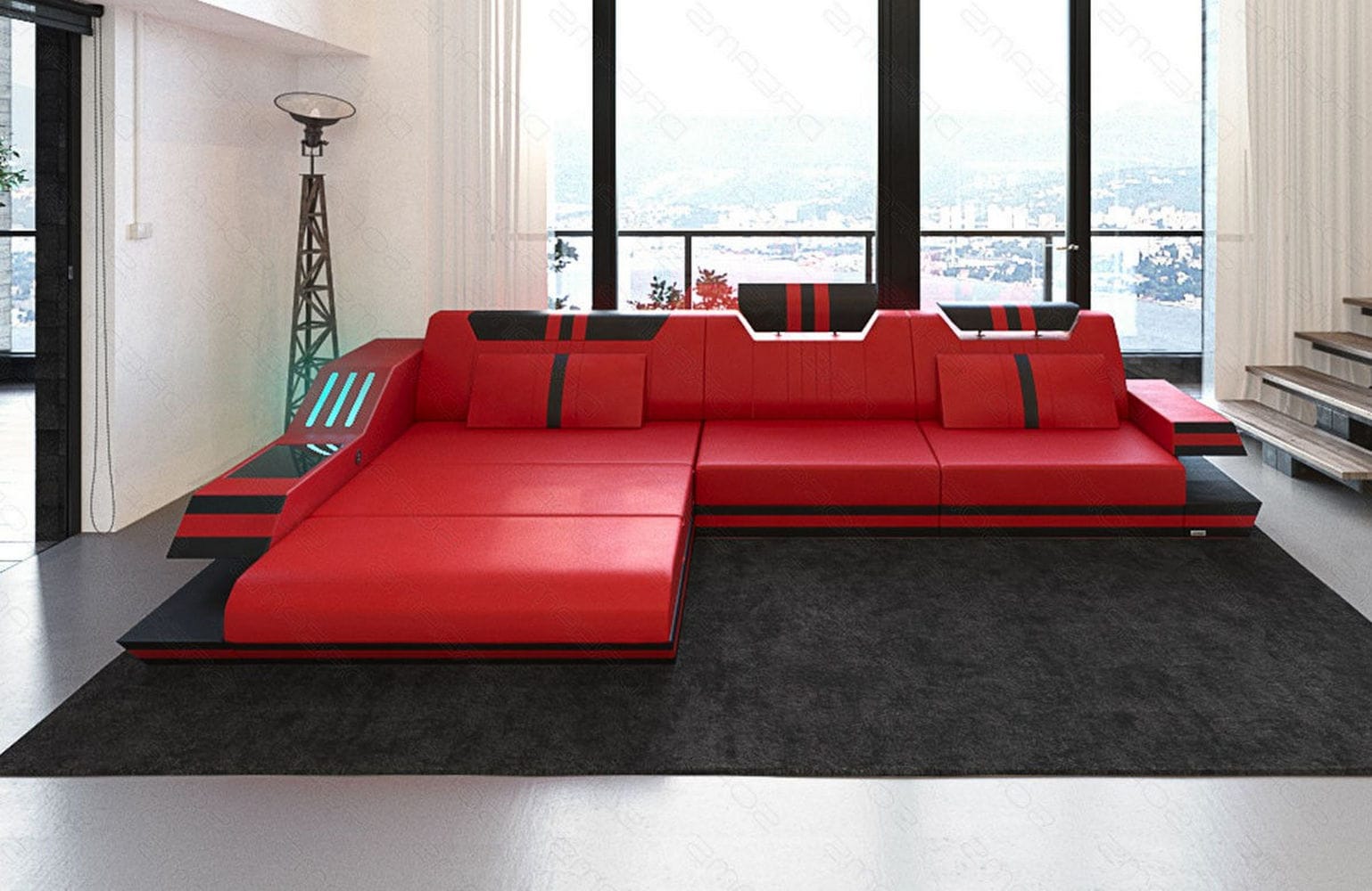 Designersofa Leder Ravenna L-Form mit LED rot-schwarz