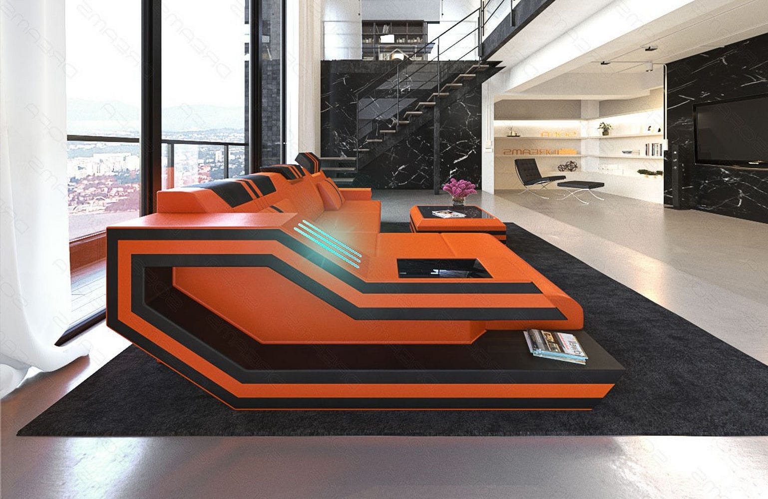 Designersofa Leder Ravenna L-Form mit LED orange-schwarz