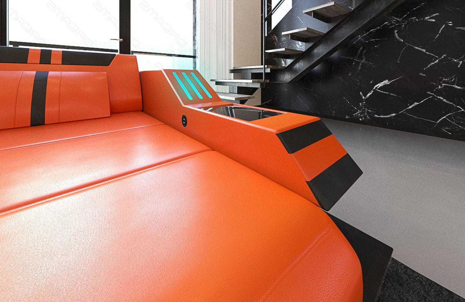 Designersofa Leder Ravenna L-Form mit LED orange-schwarz