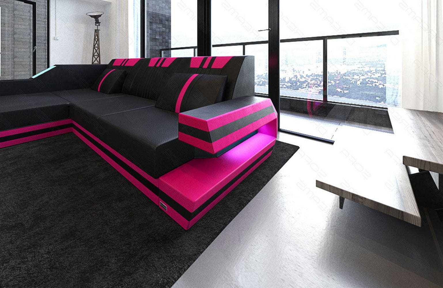Designersofa Leder Ravenna L-Form mit LED schwarz-pink