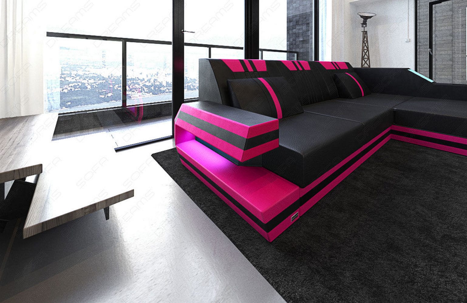 Designersofa Leder Ravenna L-Form mit LED schwarz-pink