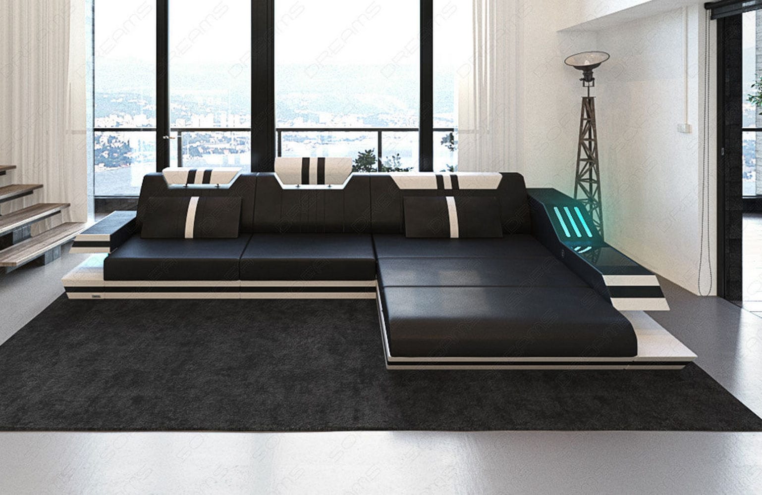Designersofa Leder Ravenna L-Form mit LED schwarz-weiß
