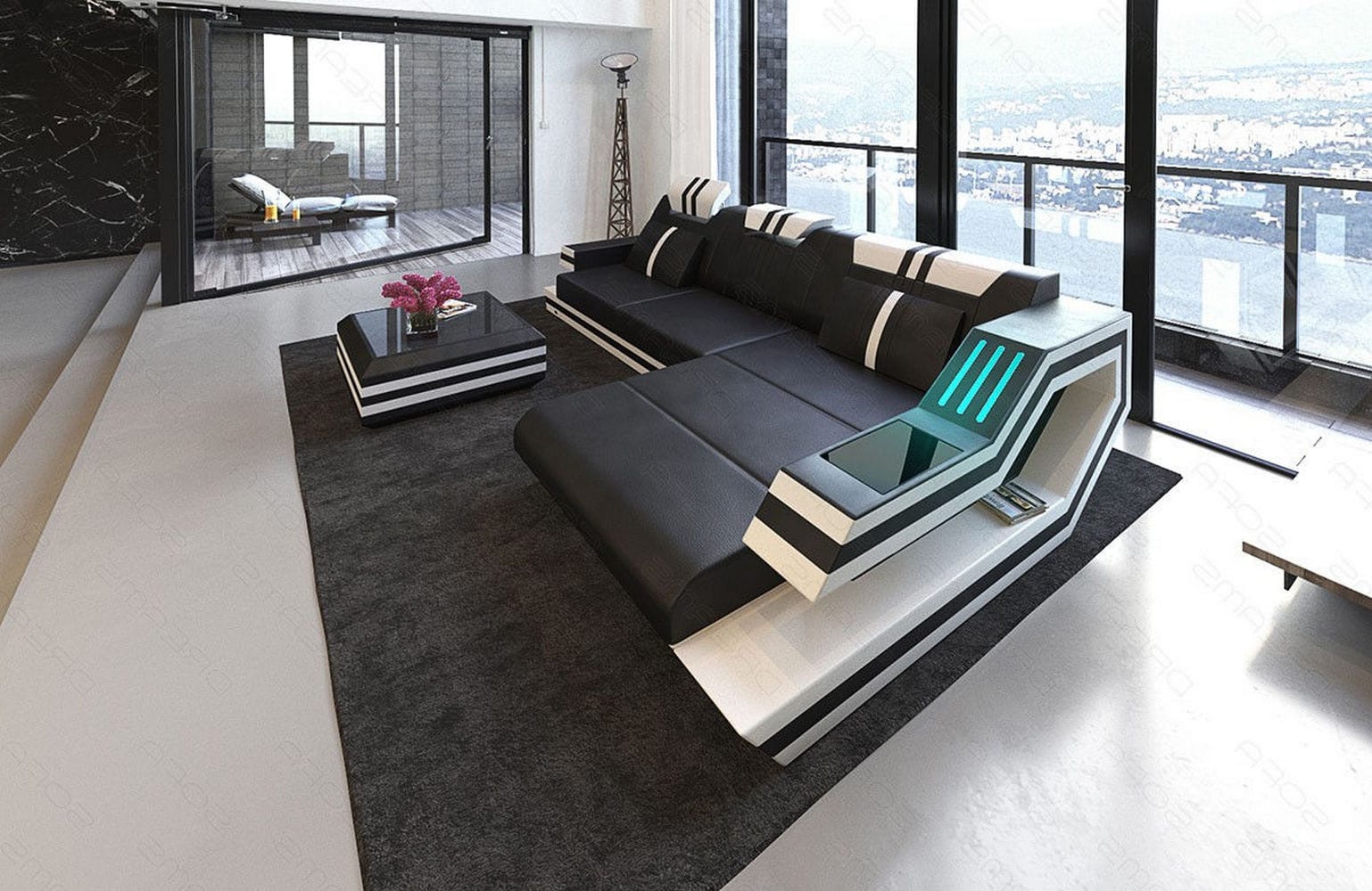 Designersofa Leder Ravenna L-Form mit LED schwarz-weiß