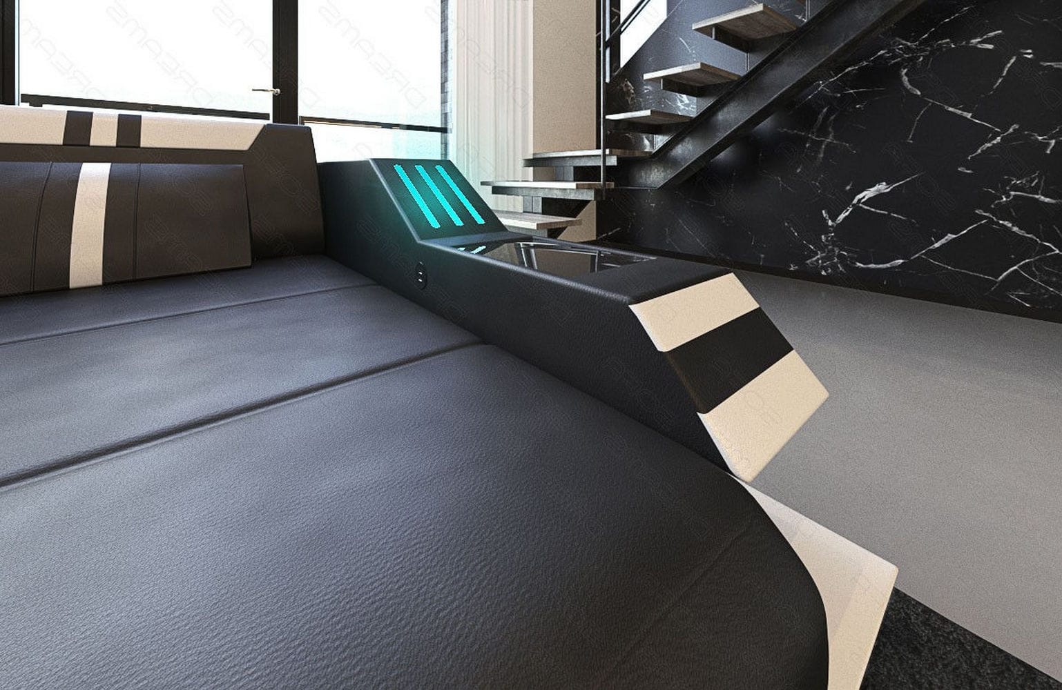 Designersofa Leder Ravenna L-Form mit LED schwarz-weiß