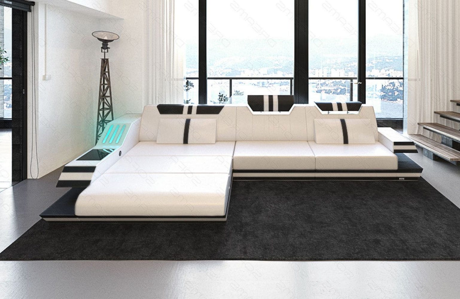 Designersofa Leder Ravenna L-Form mit LED weiß-schwarz