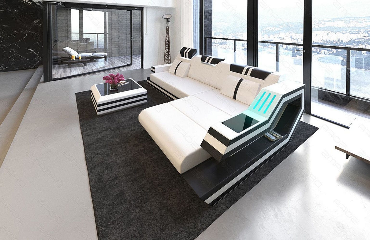 Designersofa Leder Ravenna L-Form mit LED weiß-schwarz
