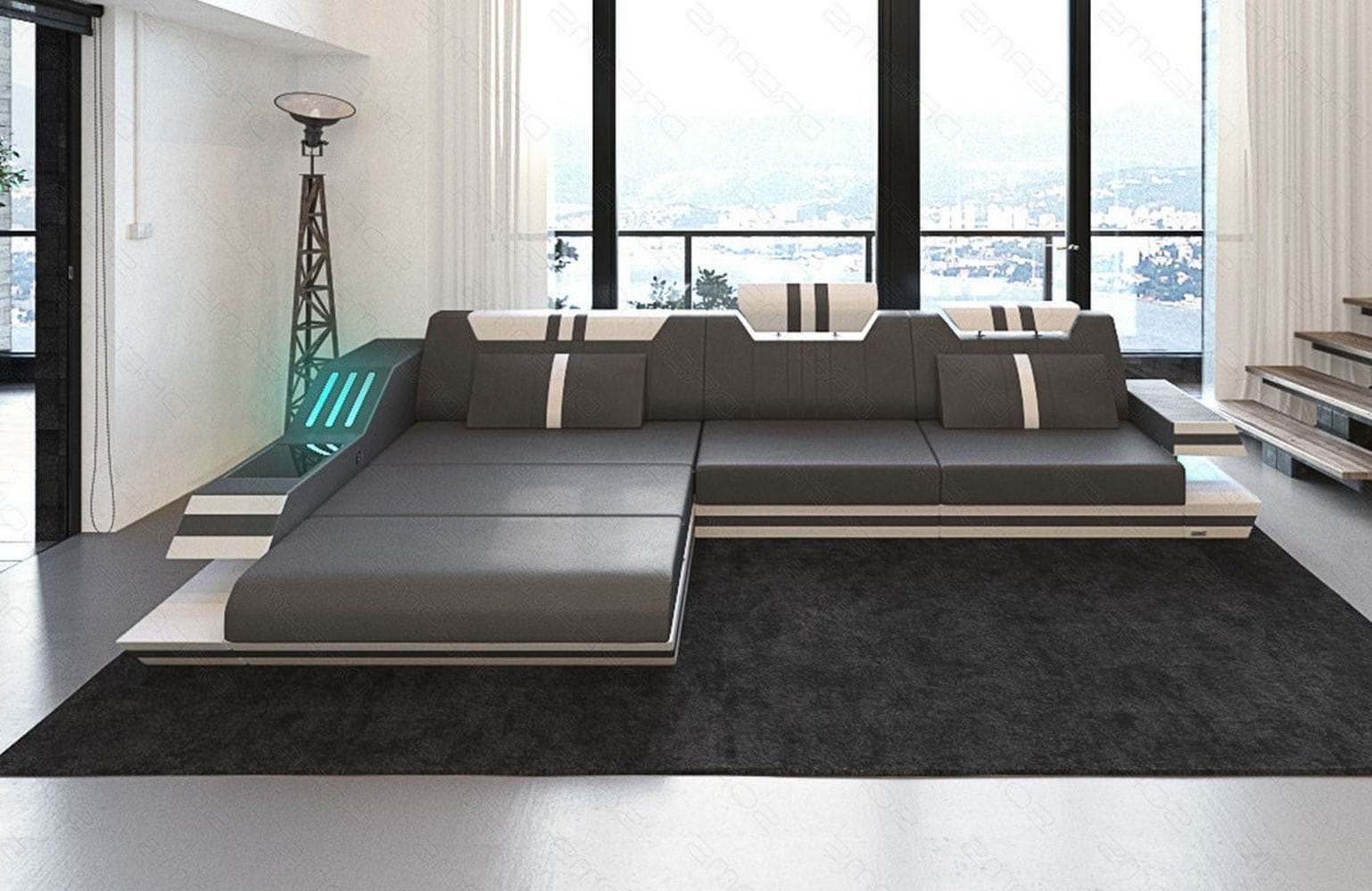 Designersofa Leder Ravenna L-Form mit LED grau-weiß