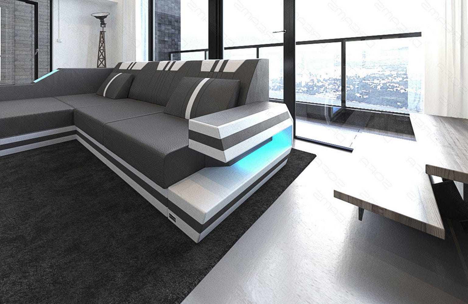 Designersofa Leder Ravenna L-Form mit LED grau-weiß