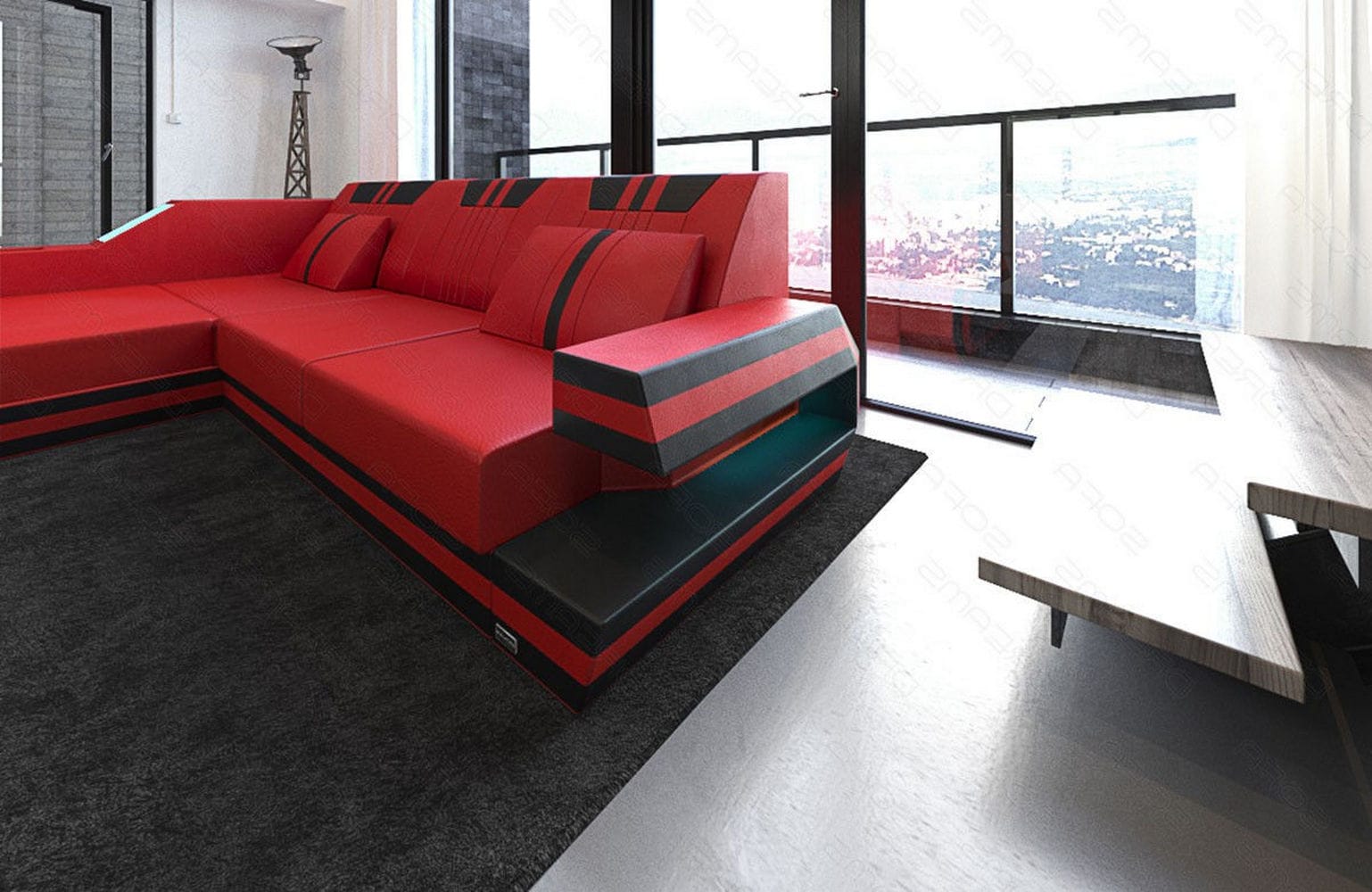 Designersofa Leder Ravenna L-Form mit LED rot-schwarz