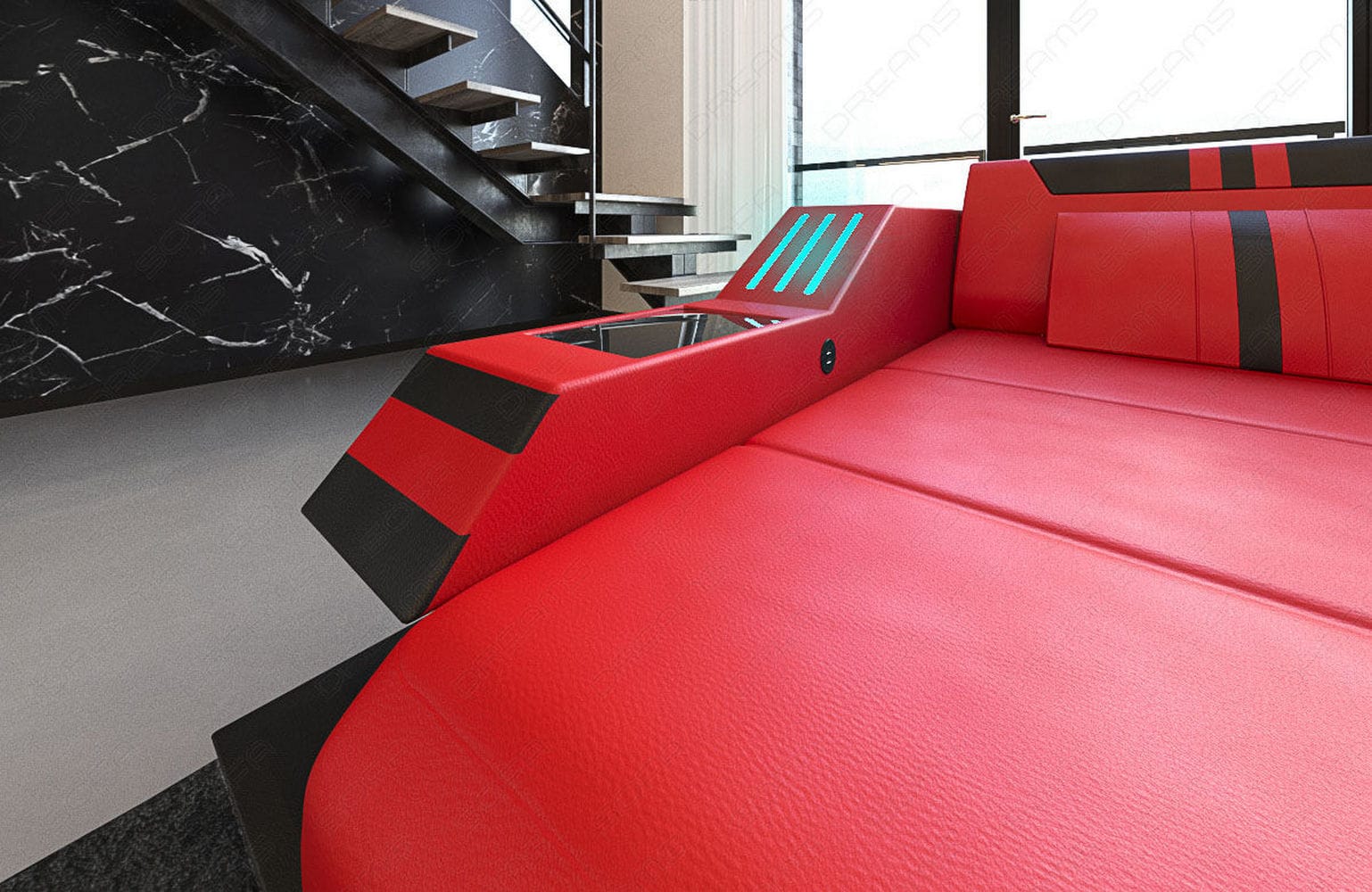 Designersofa Leder Ravenna L-Form mit LED rot-schwarz