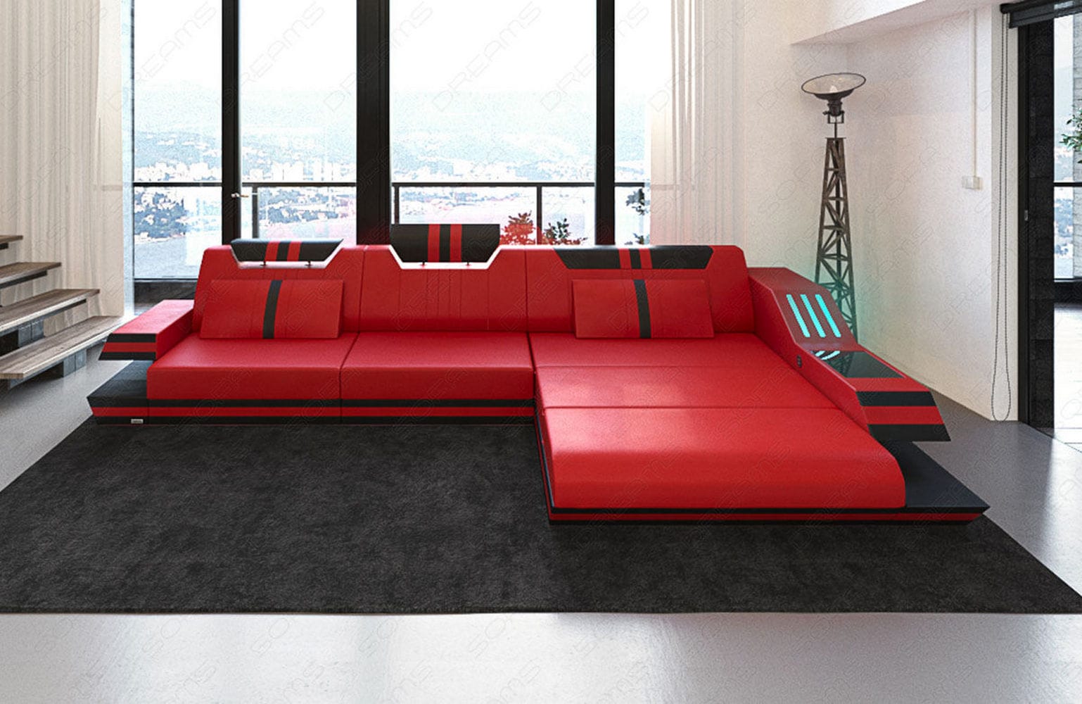 Designersofa Leder Ravenna L-Form mit LED rot-schwarz
