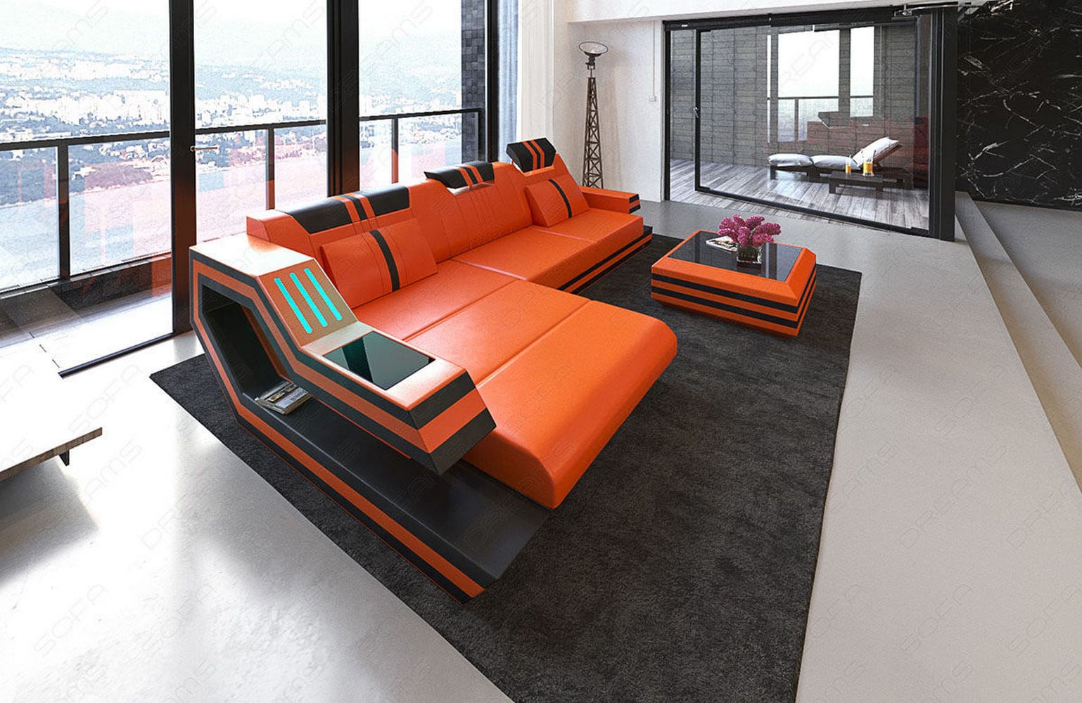 Designersofa Leder Ravenna L-Form mit LED orange-schwarz