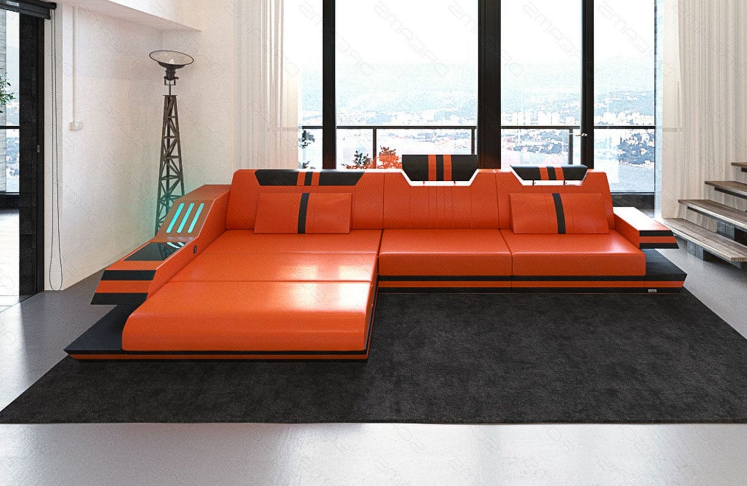 Designersofa Leder Ravenna L-Form mit LED orange-schwarz