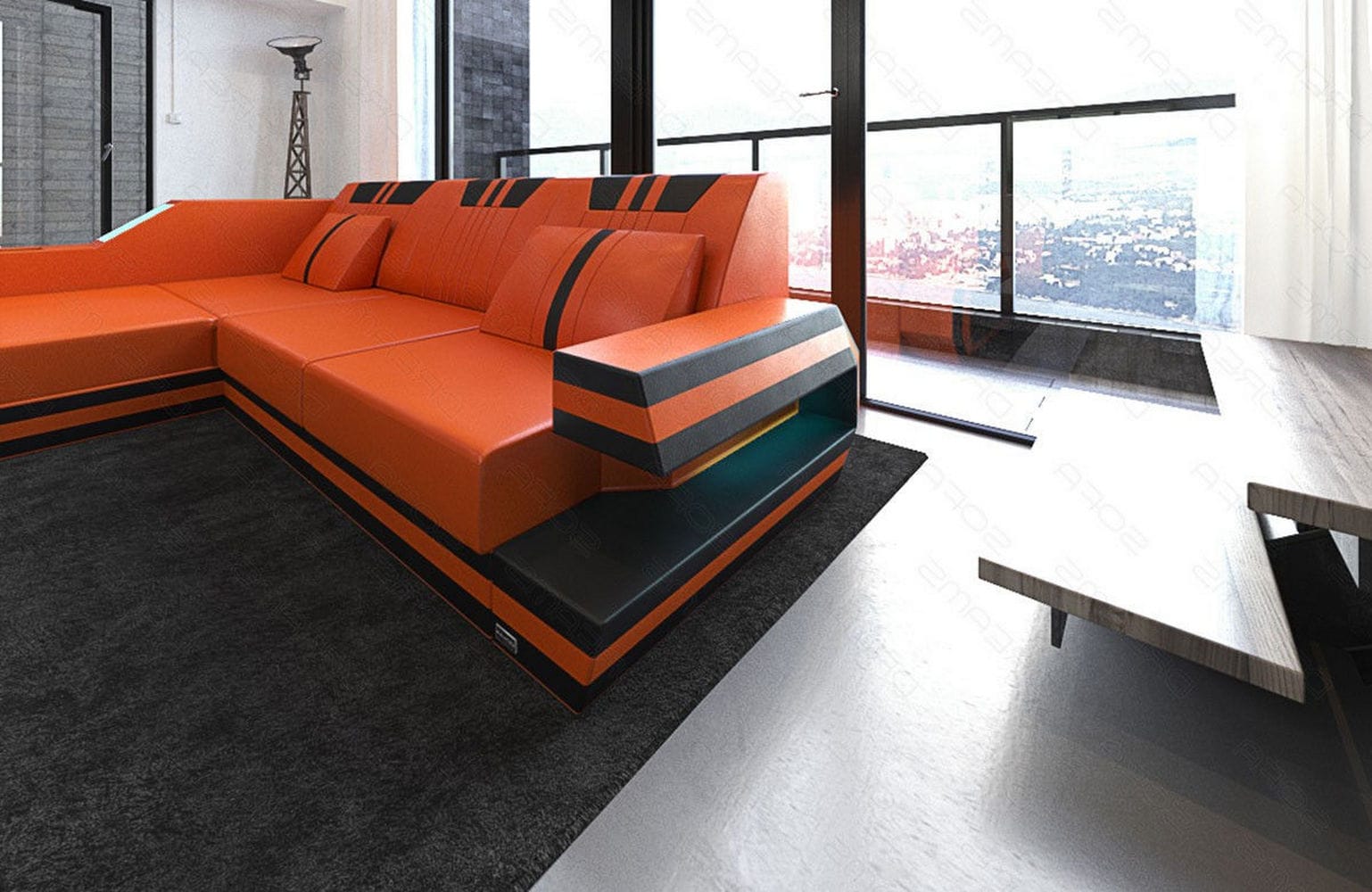 Designersofa Leder Ravenna L-Form mit LED orange-schwarz