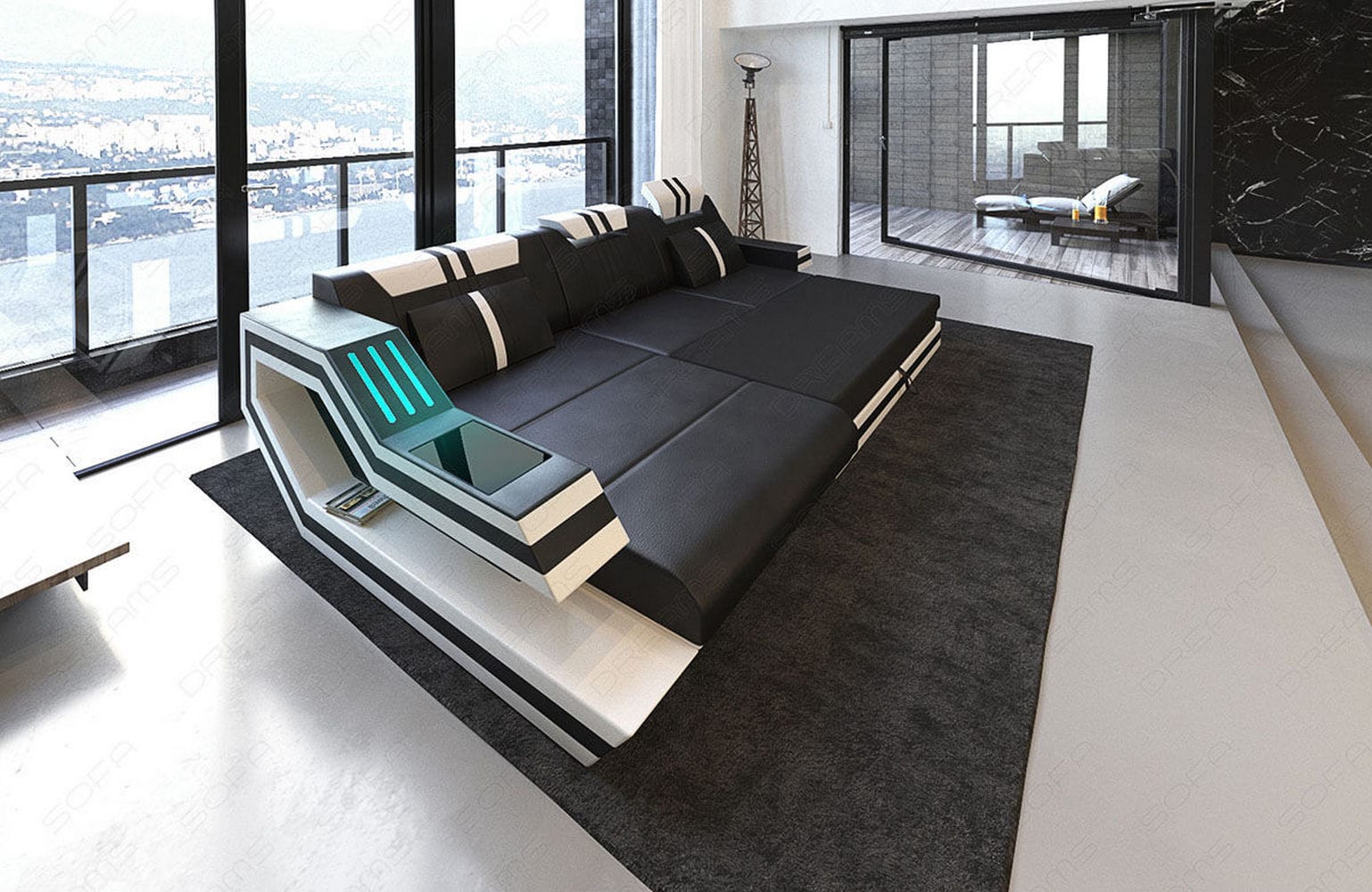 Designersofa Leder Ravenna L-Form mit LED orange-schwarz