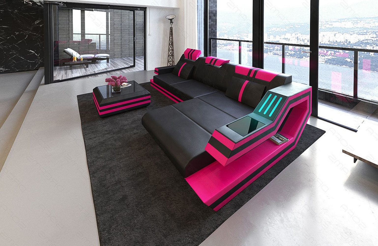 Designersofa Leder Ravenna L-Form mit LED schwarz-pink