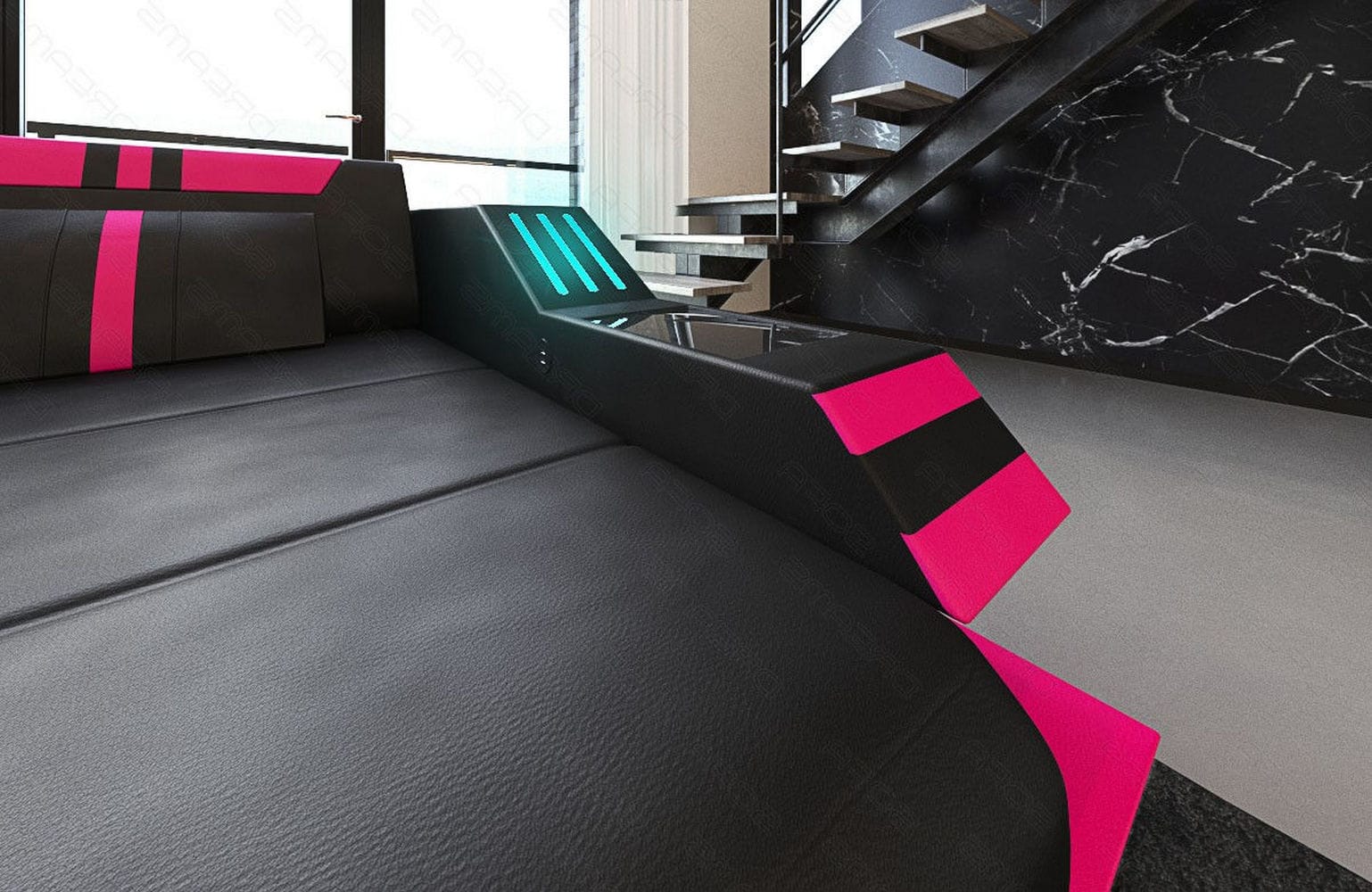 Designersofa Leder Ravenna L-Form mit LED schwarz-pink