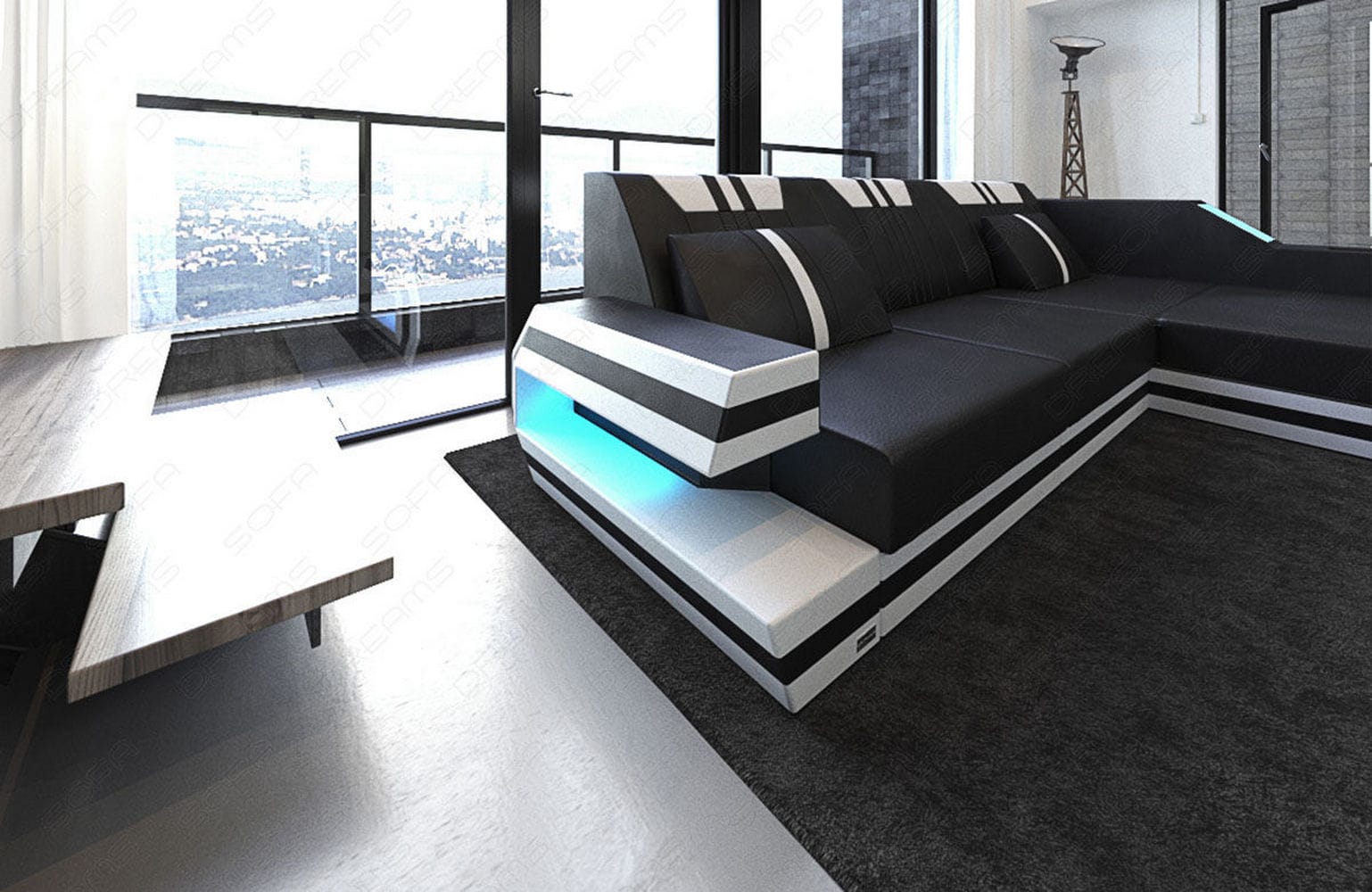 Designersofa Leder Ravenna L-Form mit LED schwarz-weiß