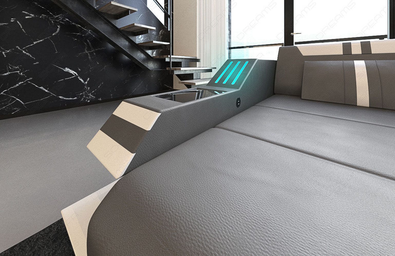 Designersofa Leder Ravenna L-Form mit LED grau-weiß