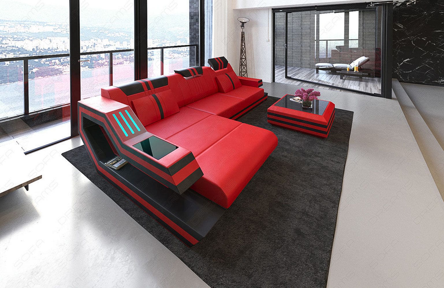 Designersofa Leder Ravenna L-Form mit LED rot-schwarz