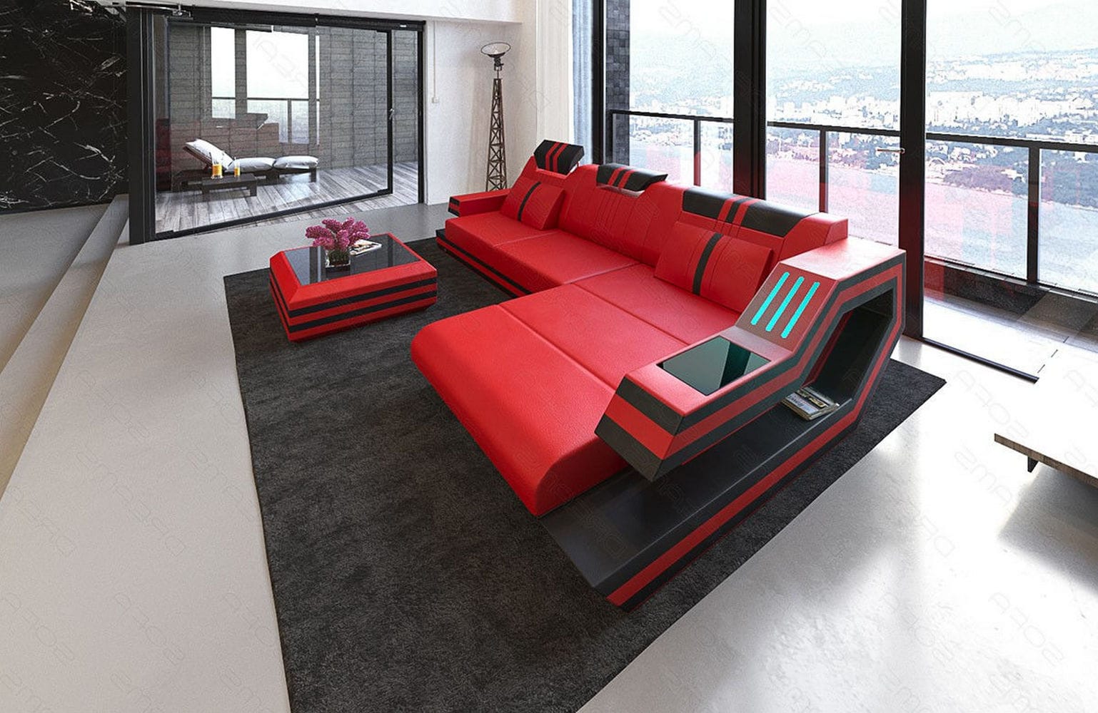 Designersofa Leder Ravenna L-Form mit LED rot-schwarz