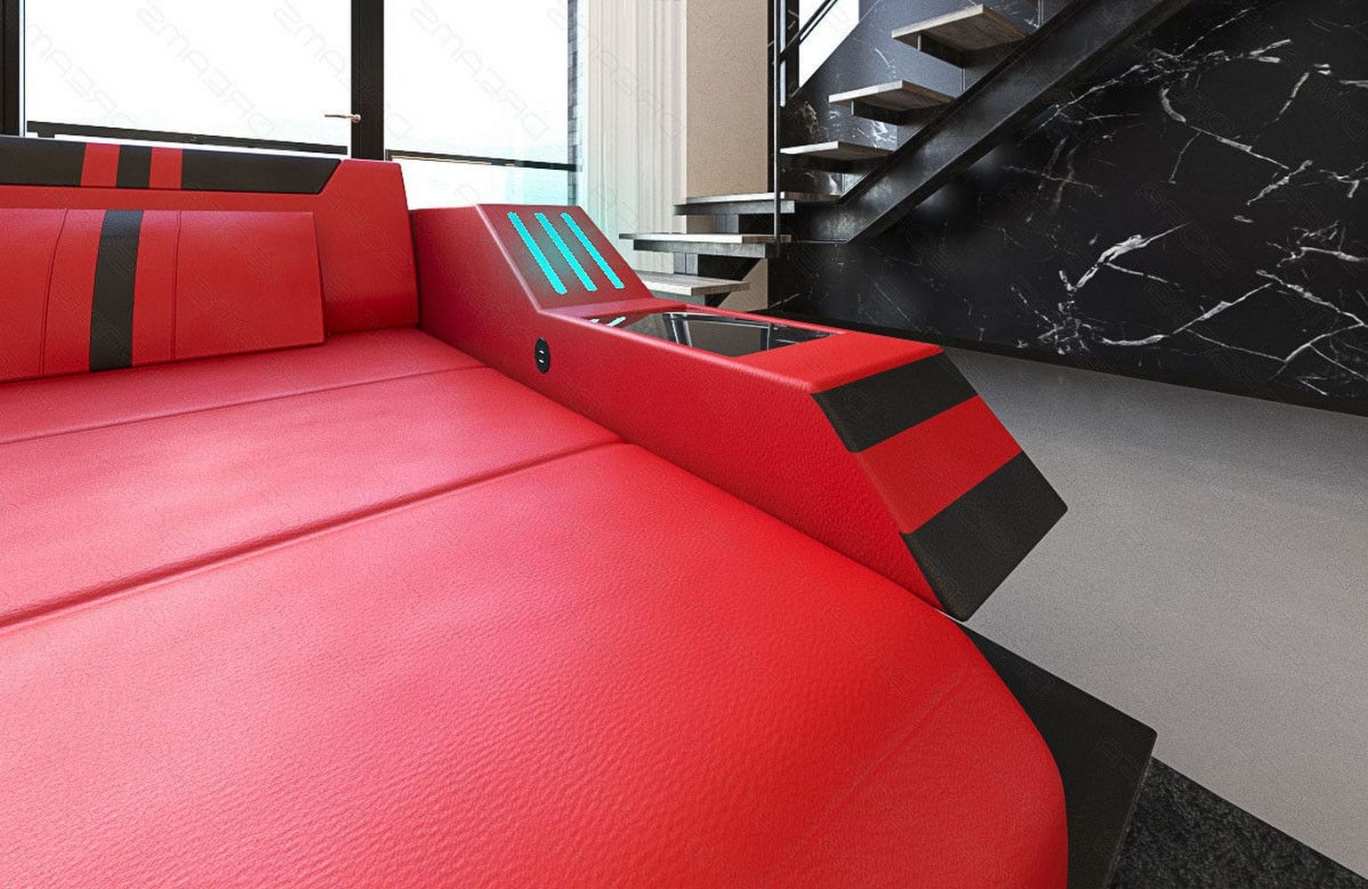 Designersofa Leder Ravenna L-Form mit LED rot-schwarz