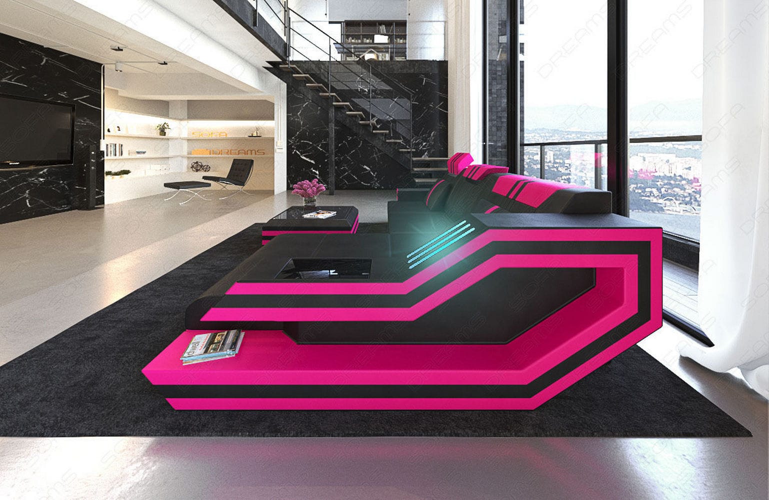 Designersofa Leder Ravenna L-Form mit LED schwarz-pink