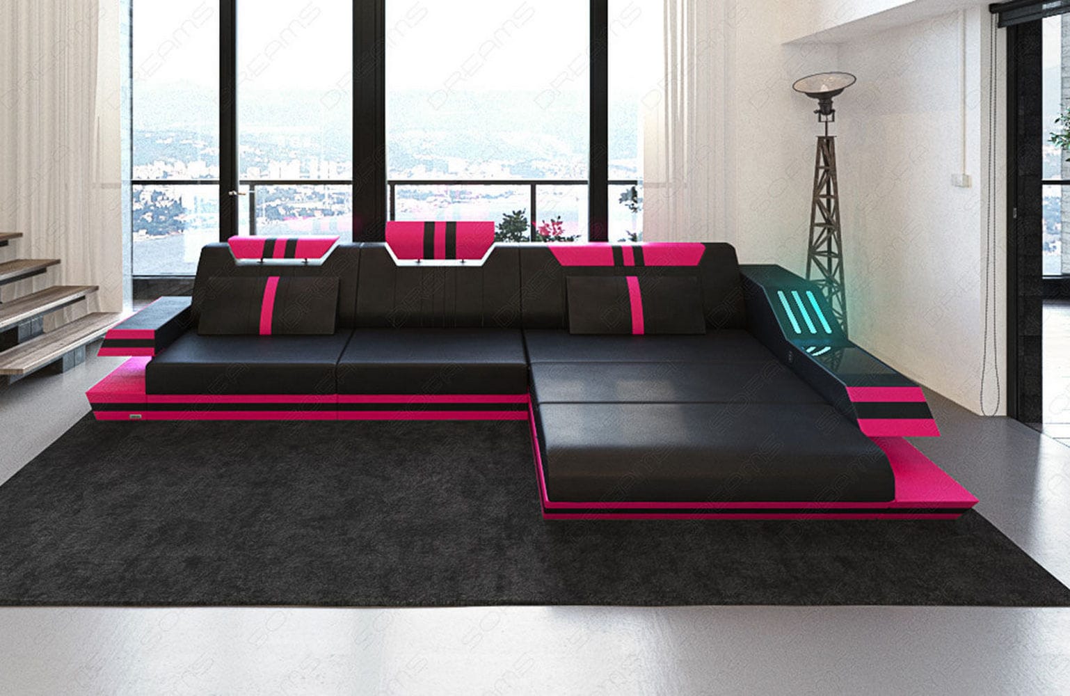 Designersofa Leder Ravenna L-Form mit LED schwarz-pink