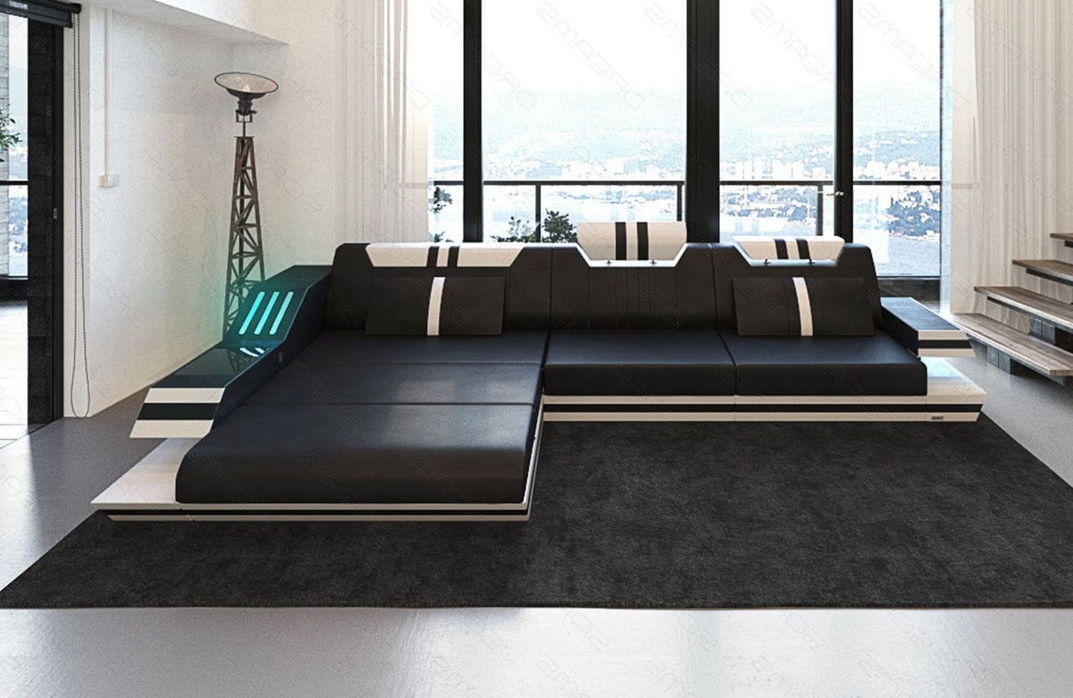 Designersofa Leder Ravenna L-Form mit LED schwarz-weiß