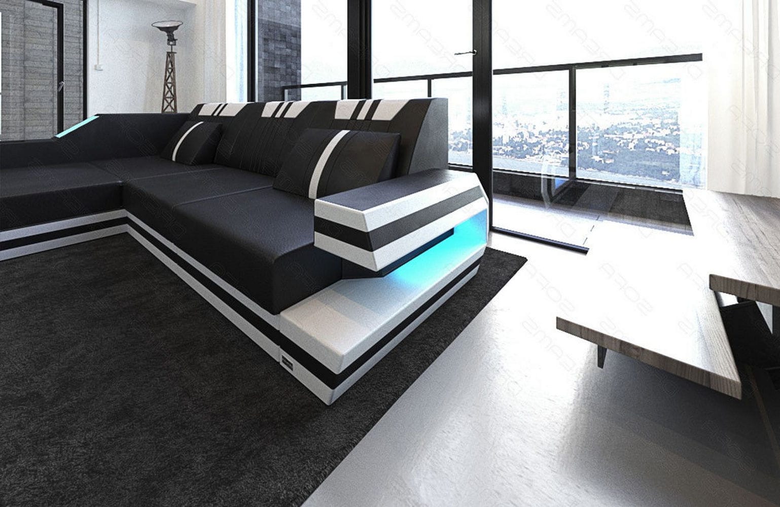 Designersofa Leder Ravenna L-Form mit LED schwarz-weiß