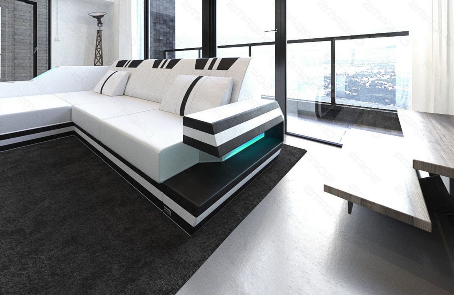 Designersofa Leder Ravenna L-Form mit LED weiß-schwarz