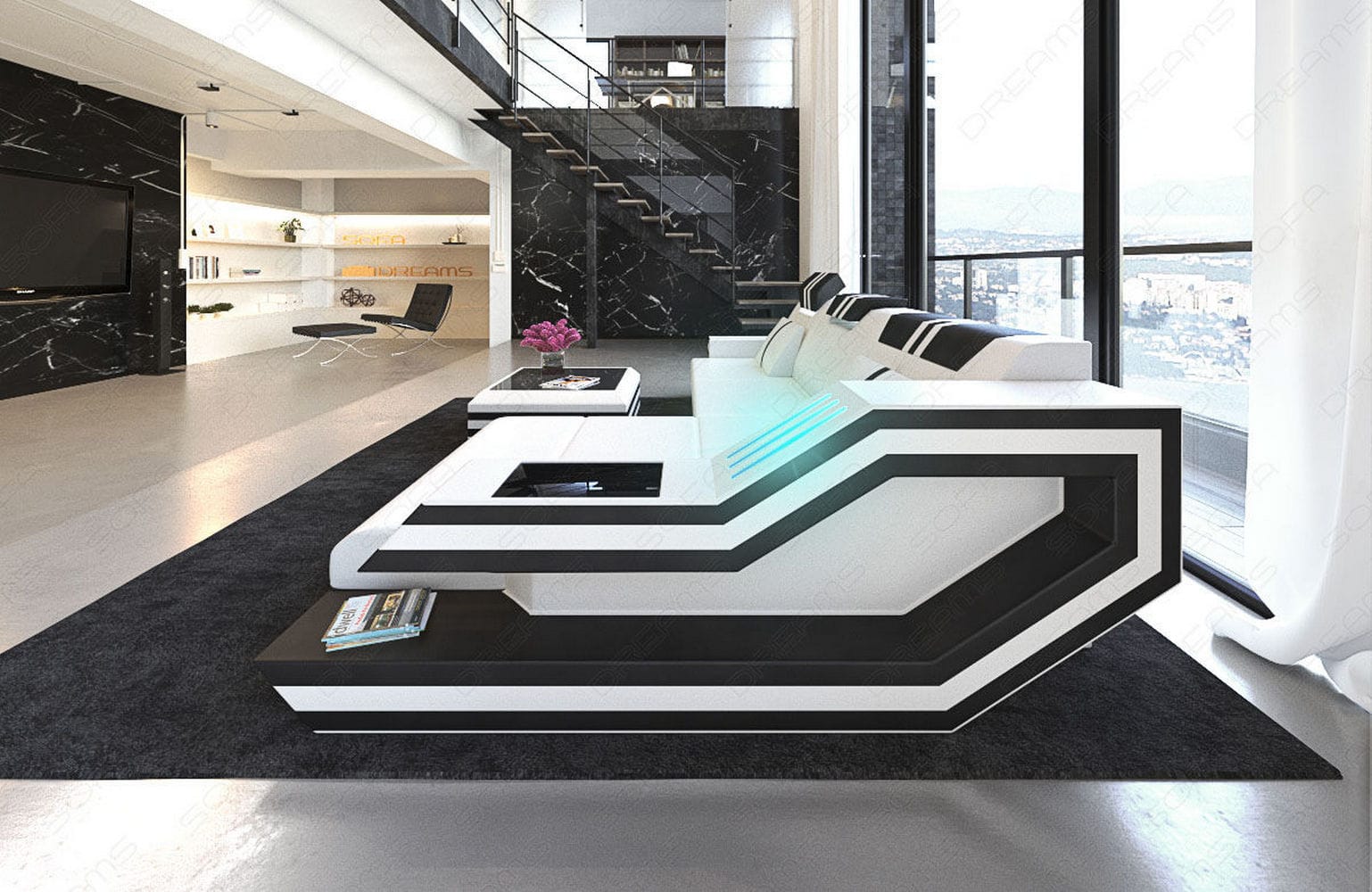 Designersofa Leder Ravenna L-Form mit LED weiß-schwarz