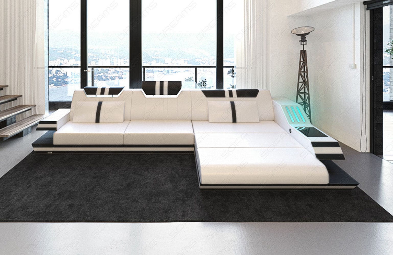 Designersofa Leder Ravenna L-Form mit LED weiß-schwarz