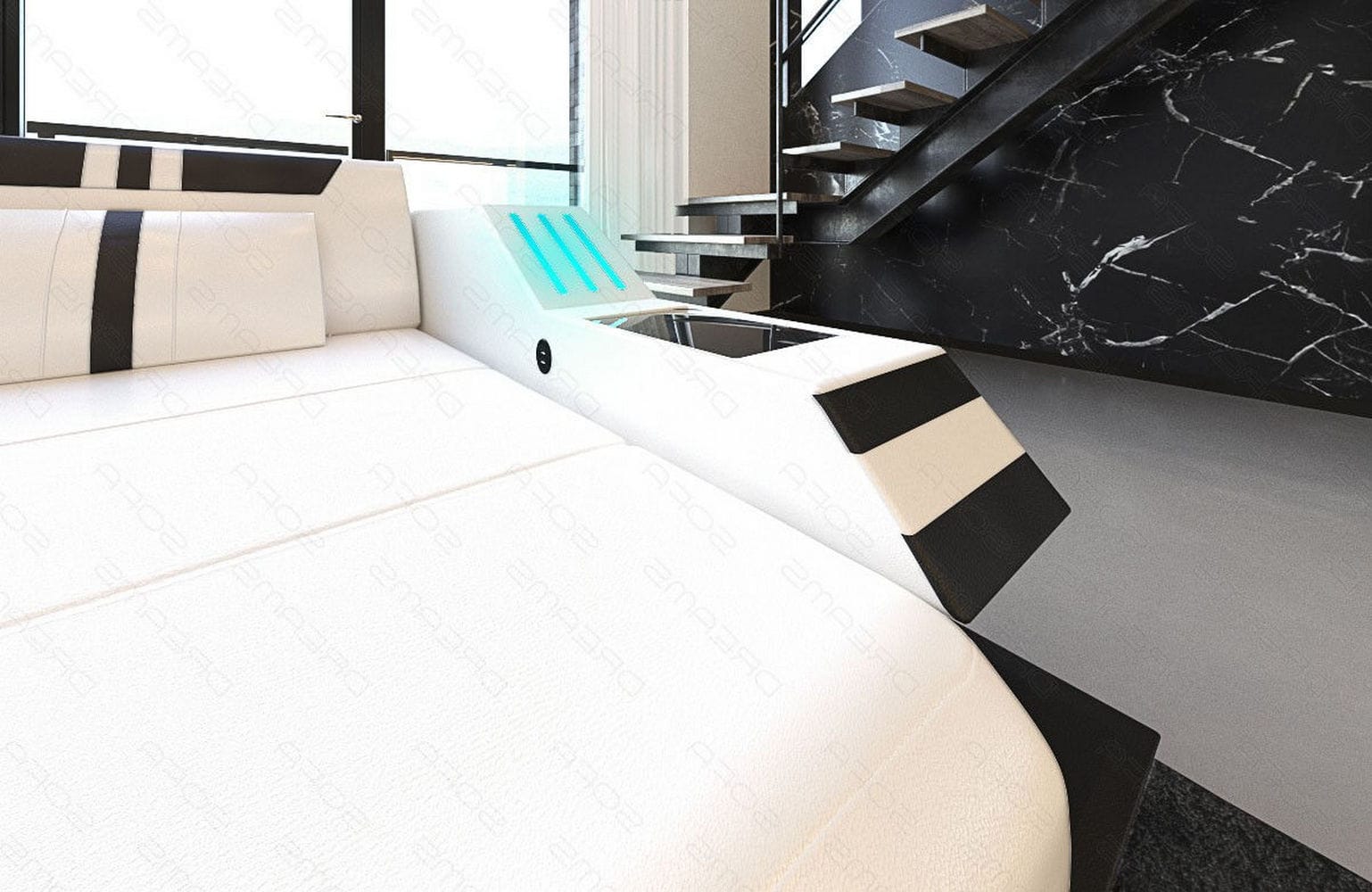 Designersofa Leder Ravenna L-Form mit LED weiß-schwarz
