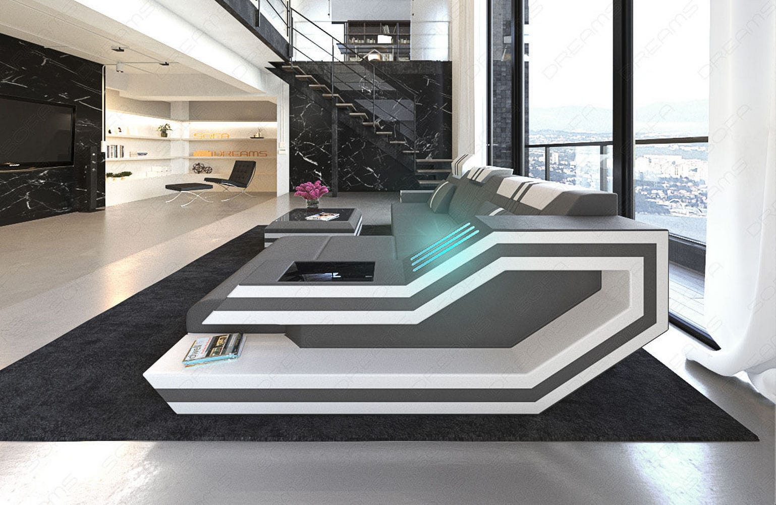 Designersofa Leder Ravenna L-Form mit LED grau-weiß