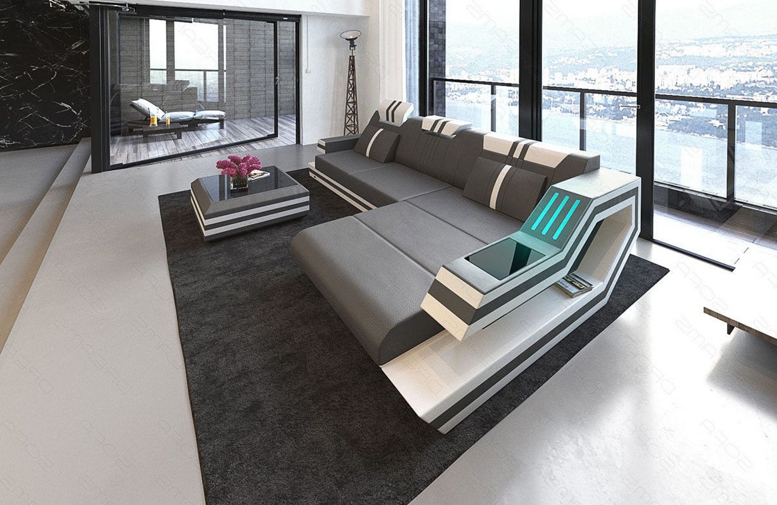 Designersofa Leder Ravenna L-Form mit LED grau-weiß