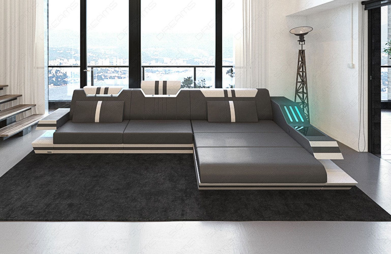 Designersofa Leder Ravenna L-Form mit LED grau-weiß