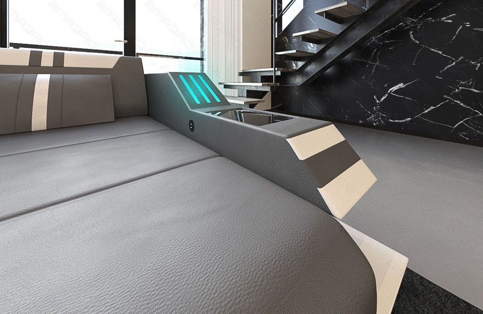Designersofa Leder Ravenna L-Form mit LED grau-weiß