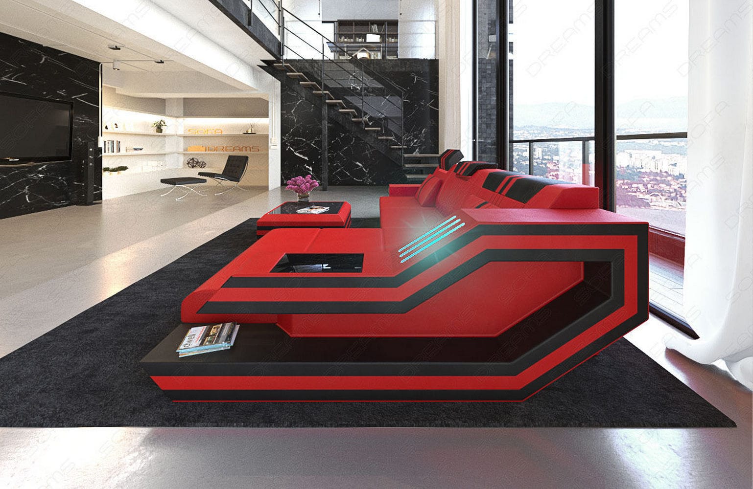 Designersofa Leder Ravenna L-Form mit LED rot-schwarz