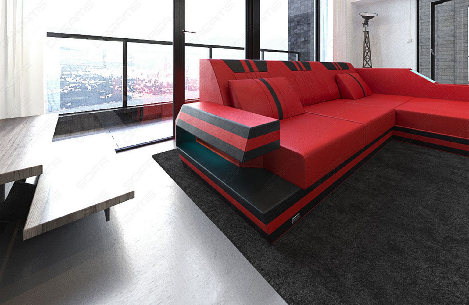 Designersofa Leder Ravenna L-Form mit LED rot-schwarz