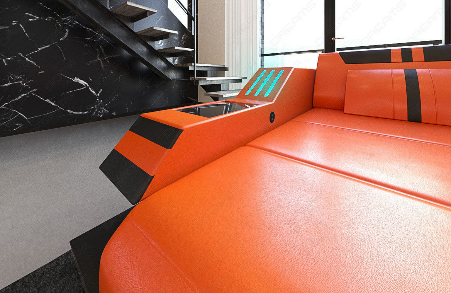 Designersofa Leder Ravenna L-Form mit LED orange-schwarz