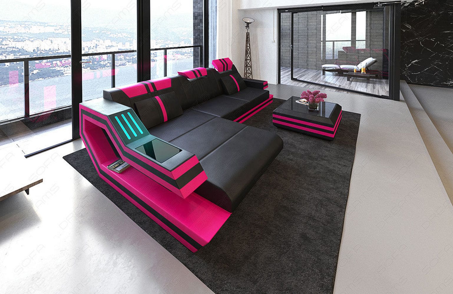 Designersofa Leder Ravenna L-Form mit LED schwarz-pink