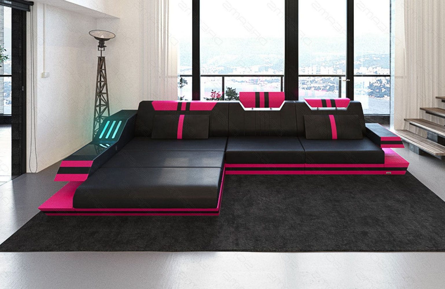 Designersofa Leder Ravenna L-Form mit LED schwarz-pink