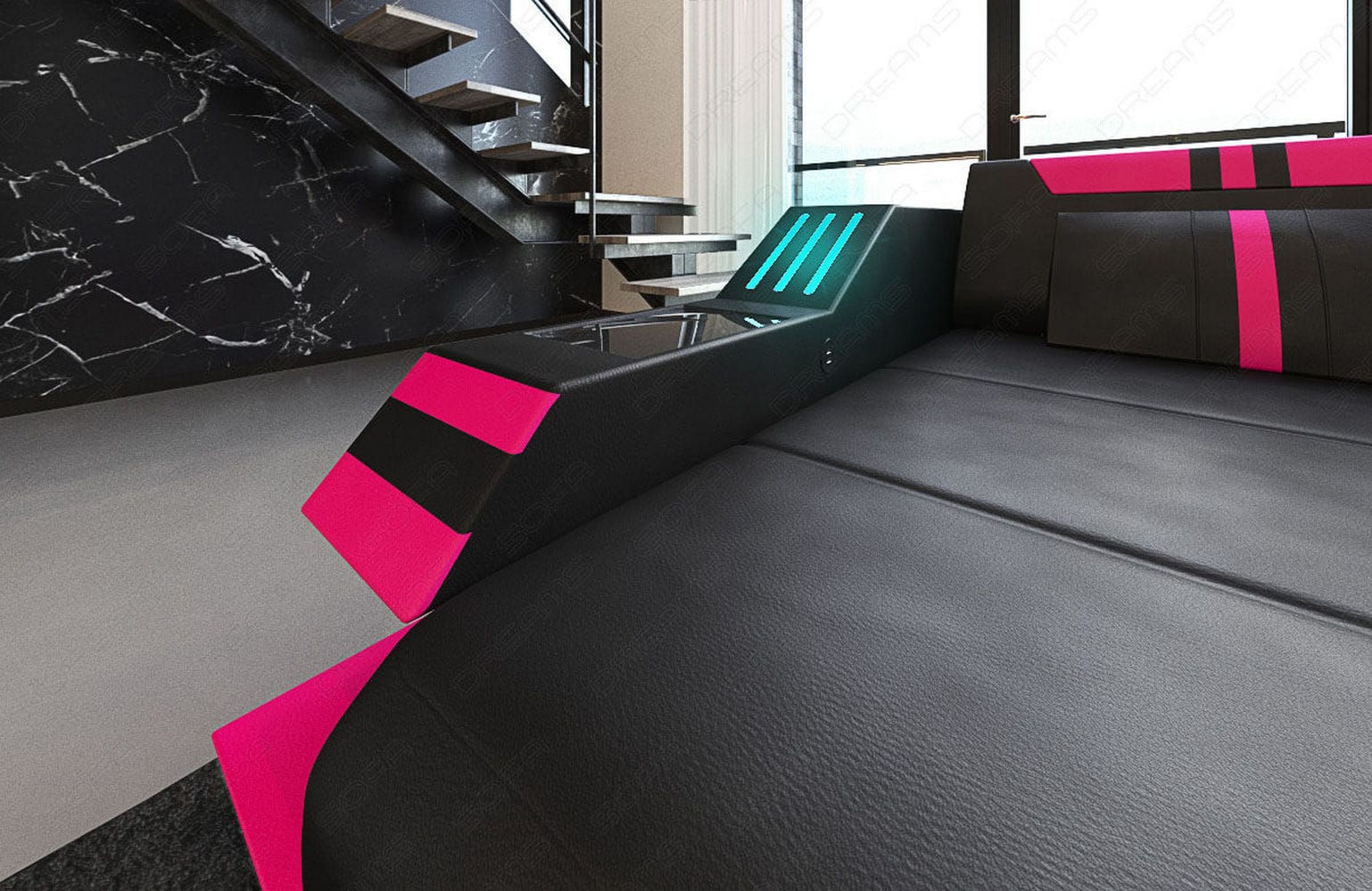 Designersofa Leder Ravenna L-Form mit LED schwarz-pink