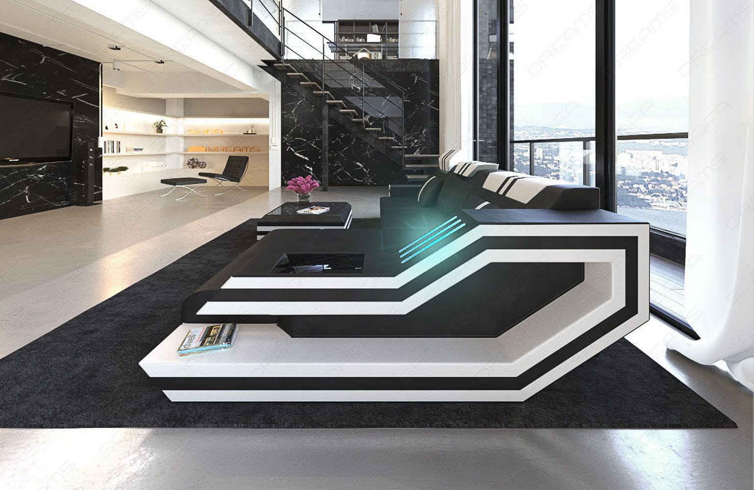 Designersofa Leder Ravenna L-Form mit LED schwarz-weiß