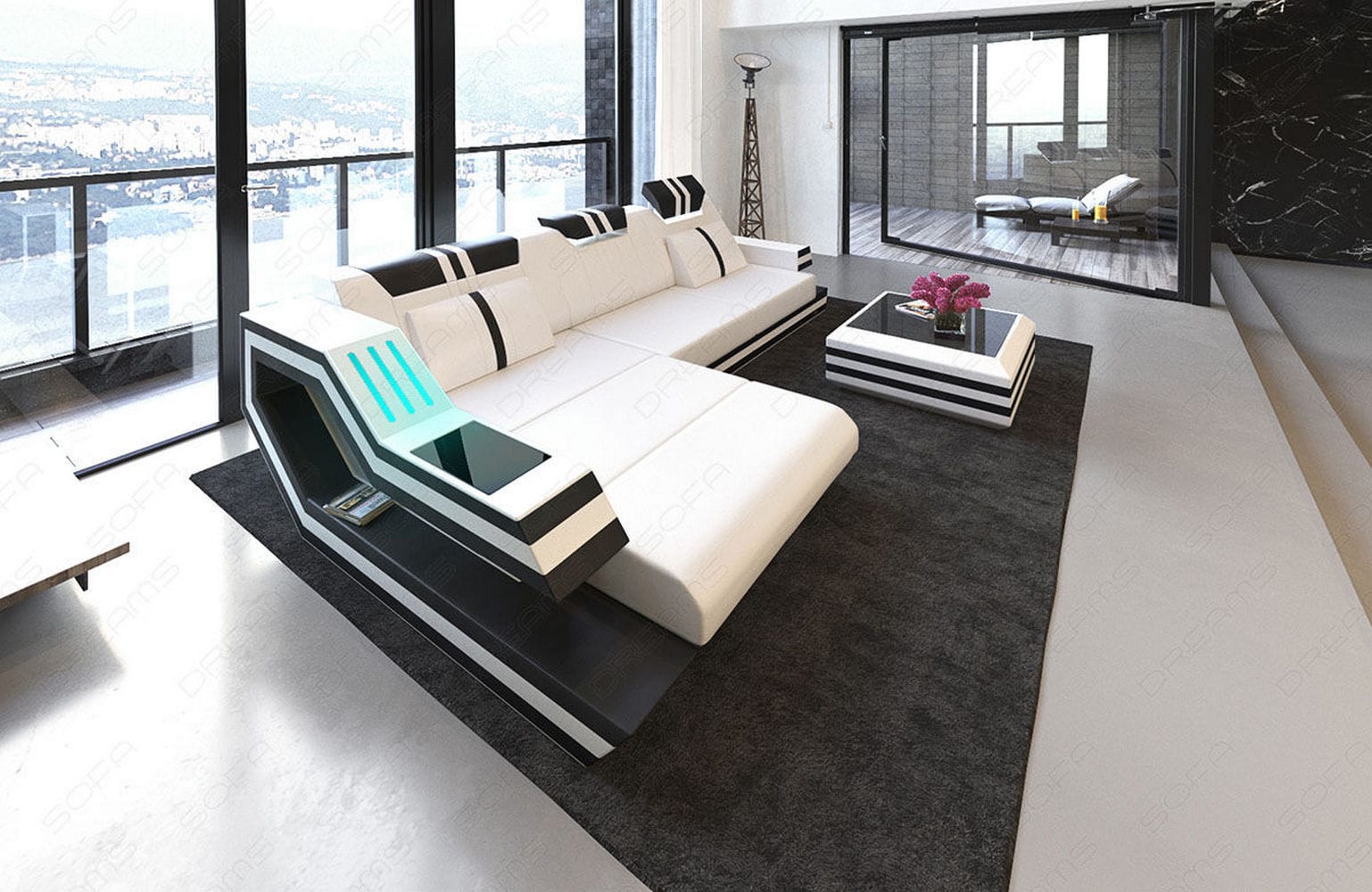Designersofa Leder Ravenna L-Form mit LED weiß-schwarz