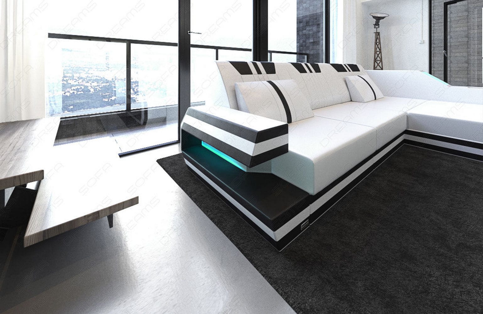 Designersofa Leder Ravenna L-Form mit LED weiß-schwarz