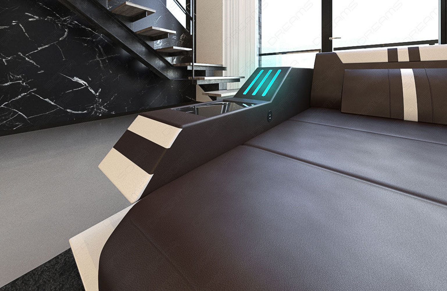 Ledersofa Wohnlandschaft Ravenna U-Form LED dunkelbraun-weiß