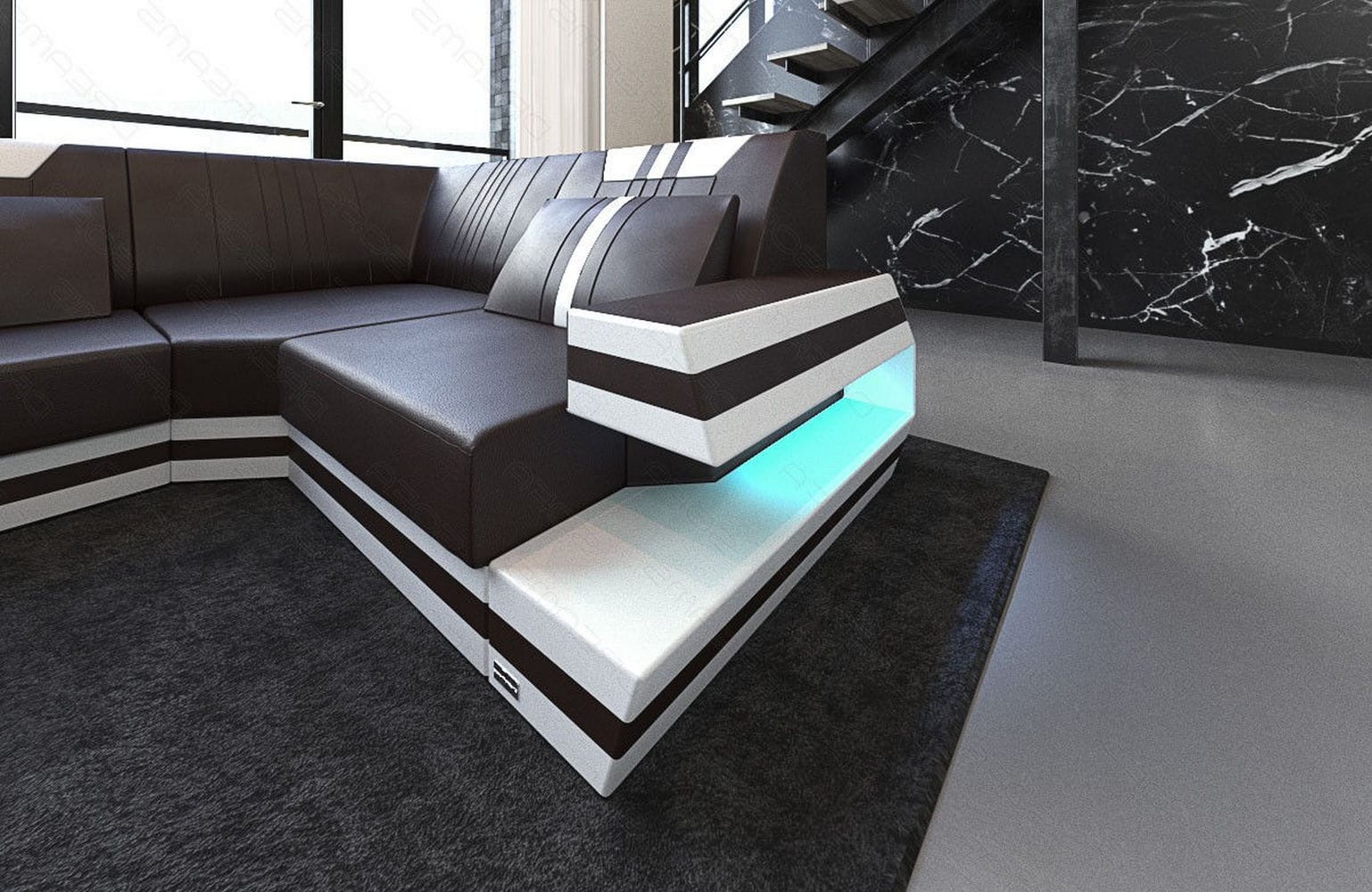 Ledersofa Wohnlandschaft Ravenna U-Form LED dunkelbraun-weiß