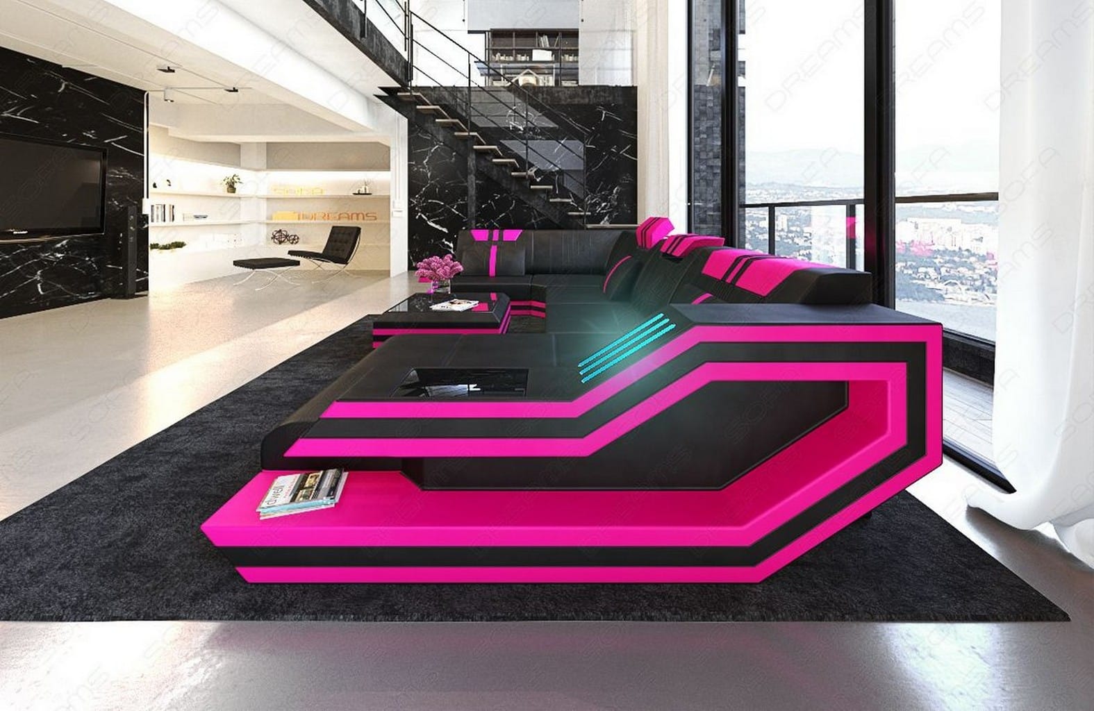 Ledersofa Wohnlandschaft Ravenna U-Form LED schwarz-pink